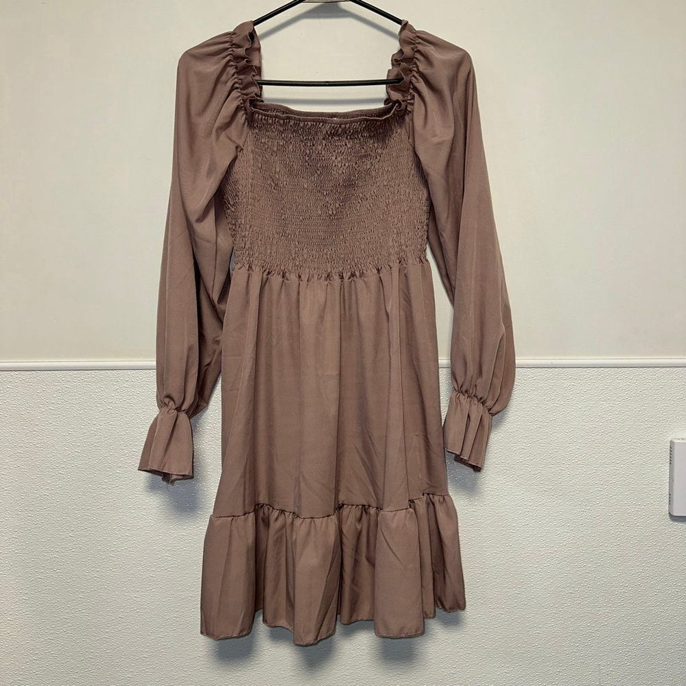 Women's Smocked Square Neck Dress Mauve Size Medium babydoll long sleeve Boho - Picture 5 of 14